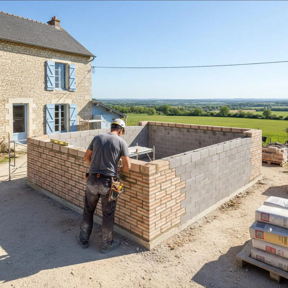 Illustration de travaux de maçonnerie sur une extension de maison